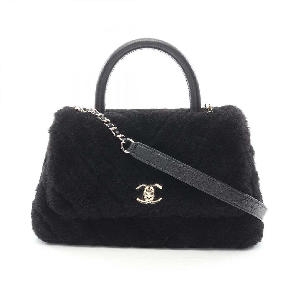Chanel Coco Handle Flap Chevron V Stitch Handbag Fur Black
